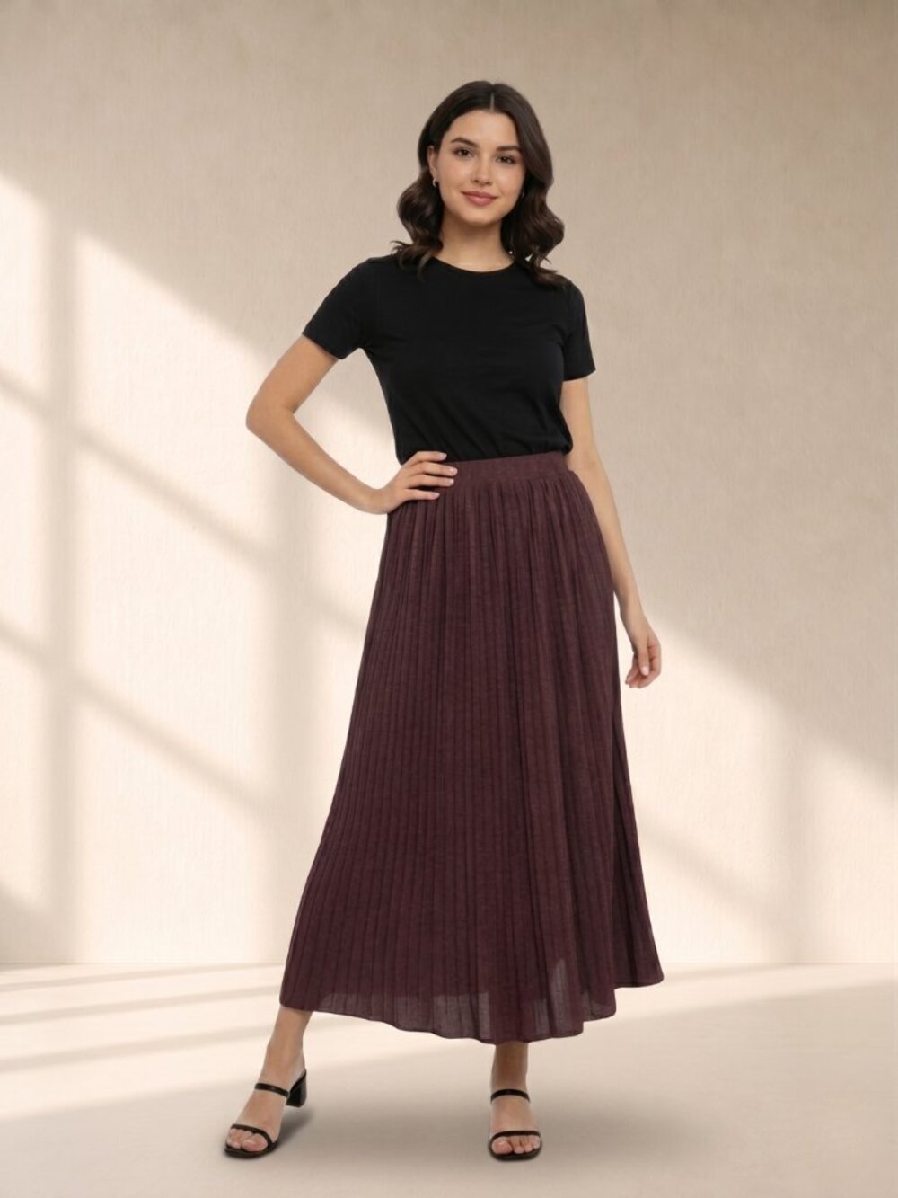 Pleione Burgundy Pleated Midi Skirt Quiet Luxury Dark Academia Small